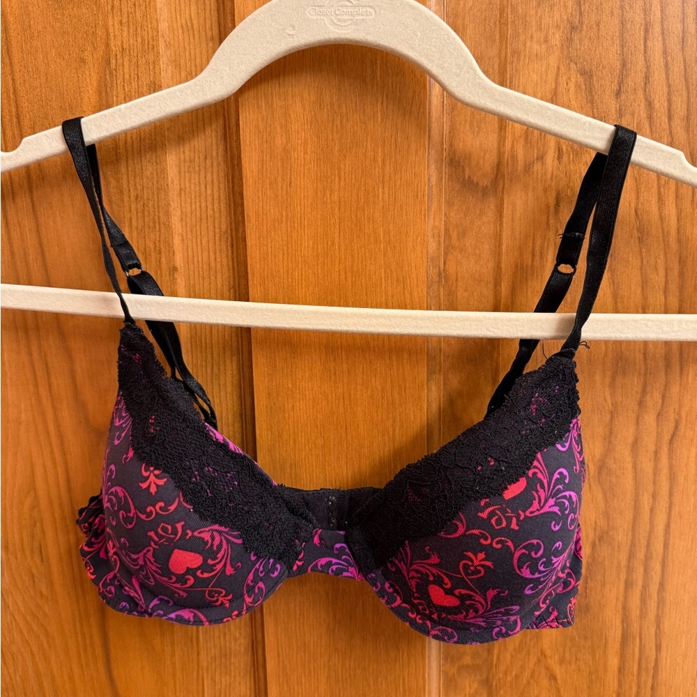Candie's Push-up Navy & Pink Patterned with Black Lace Bra